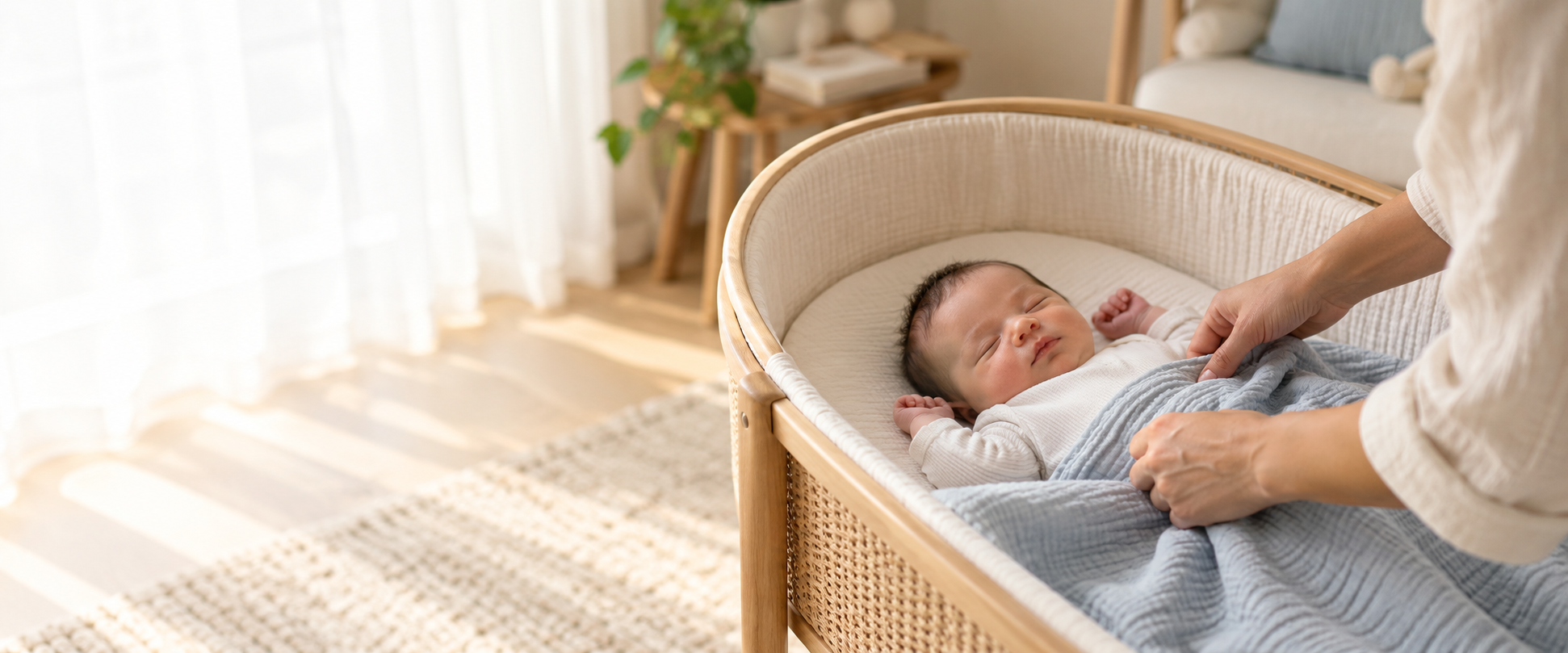 Newborn resting safely in a bassinet while receiving gentle care